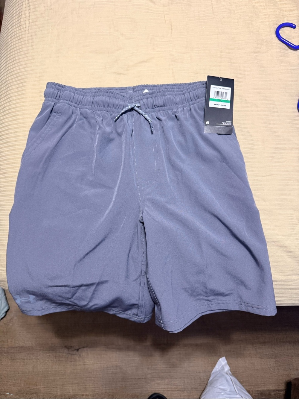 Youth L Athletic Drawstring Shorts - Gray (lighting makes them look blue)
